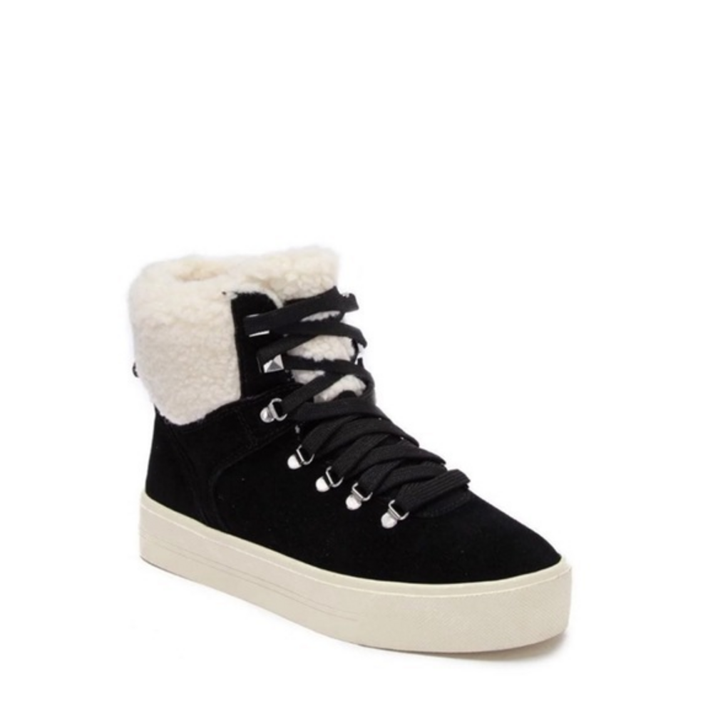 NEW Marc Fisher Black Faux Fur Shearling Lined Suede Platform Sneakers‎ 9.5